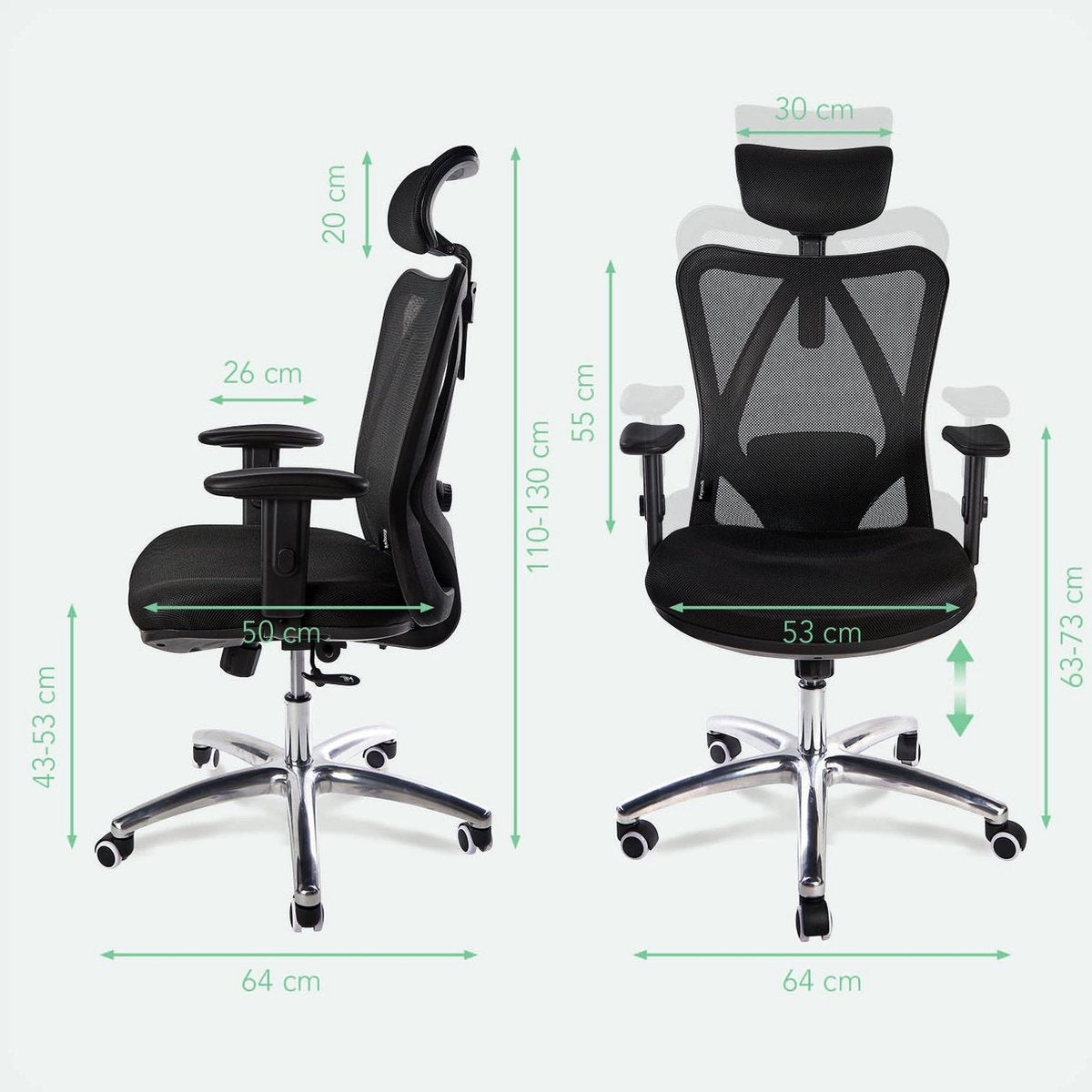 LifeGoods Ergonomische Bureaustoel - Office Chair - Volwassenen - Verstelbaar - Hoofdsteun - Zwart/Chroom
