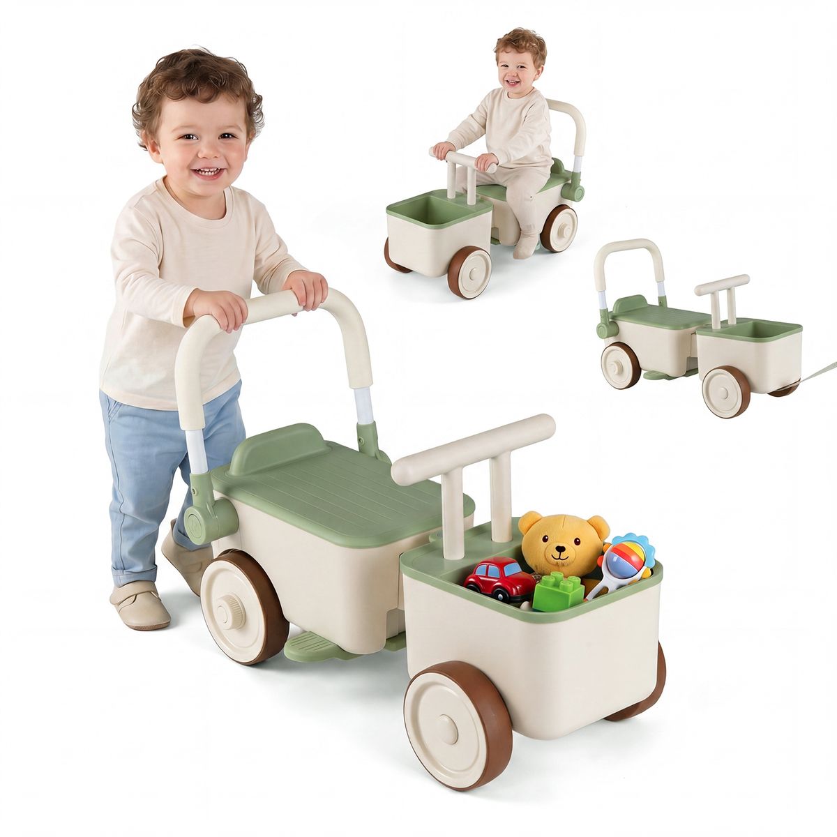 Coast 3-in-1 loopwagen voor kinderen - met opbergruimte - duw- en trekfunctie - groen