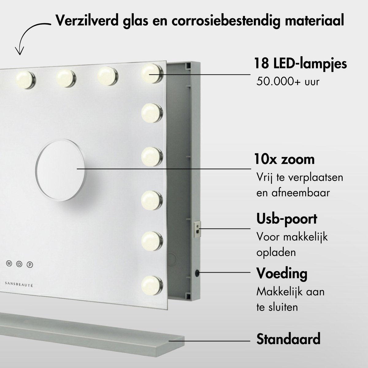 Sansbeauté® Hollywood Spiegel 80x60 cm - Make-up Spiegel - 18 LED Lampen - 10x Vergroting - Dimbaar - USB Oplaadpoort - Touch Control - Bluetooth - Multi