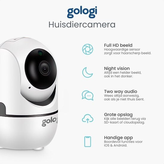 Gologi huisdiercamera - Hondencamera - Pet camera - Beveiligingscamera - Security camera - Voor alle huisdieren - Met wifi