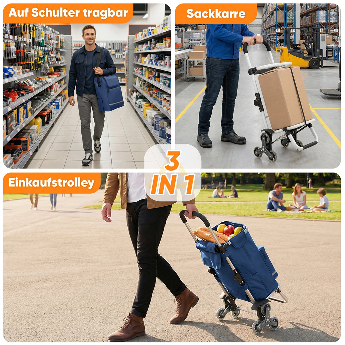 Opvouwbare Boodschappentrolley Traploper 60 L - 3-in-1 met Koelvak en 6 Wielen - Aluminium Frame - Blauw - 36 x 42 x 98 cm