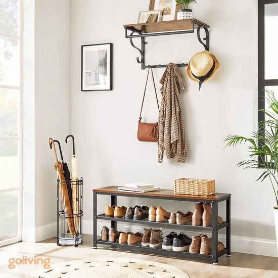 Goliving Schoenenrek – Schoenenbank – Halbank – Industrieel – 30 x 80 x 45 cm – Metaal – Bruin Hout