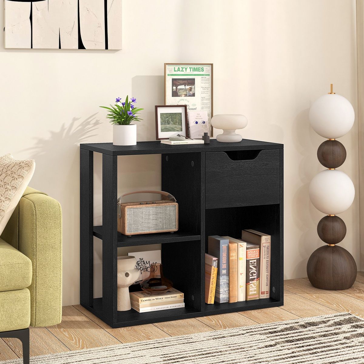 Coast Houten boekenrek met lade - 3 open vakken - zwart - 60 x 30 x 53 cm