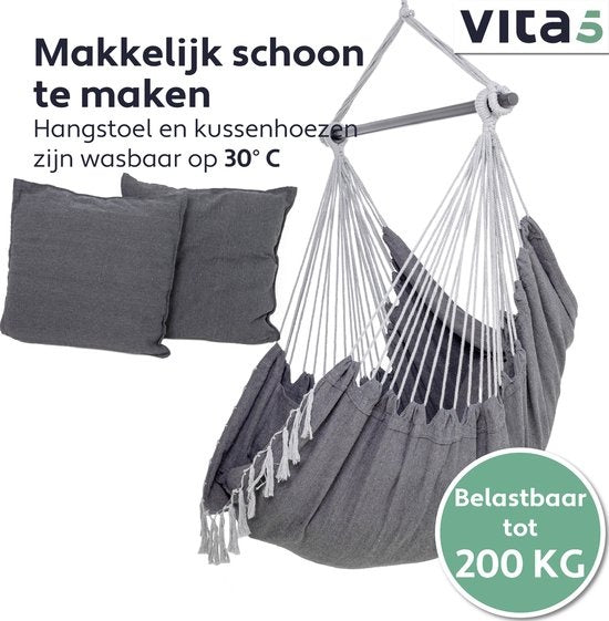 Vita5 XXL Hangstoel | Binnen&Buiten Hangnest | Incl. 2 Kussens en Boekenvak | Volwassenen&Kinderen | Hangmatstoel tot 200kg | Donkergrijs