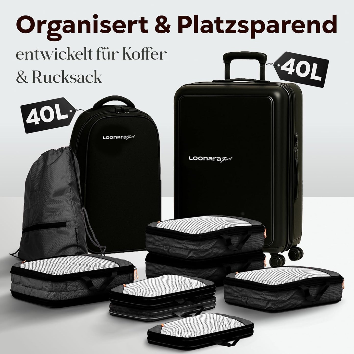 loonara Travel Reisorganizer Set - Zwart - 3 Onderdelen