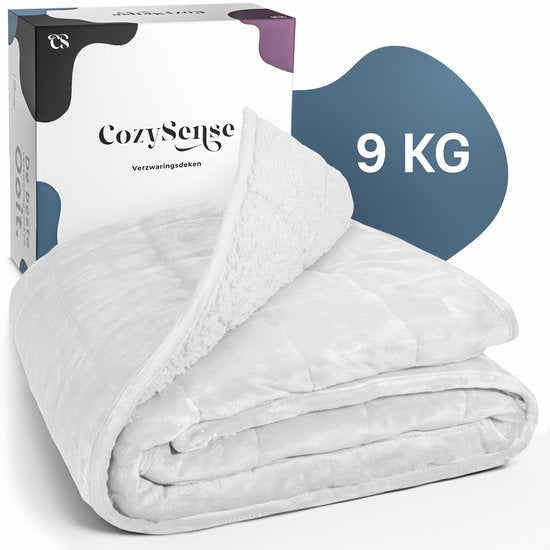 CozySense® Verzwaringsdeken 9 kg - Weighted Blanket - Zwaartedeken - GLASS-Flow® Drukverdeling - 135x200 - Flanelfluweel & Sherpa - Hypoallergeen - Wit
