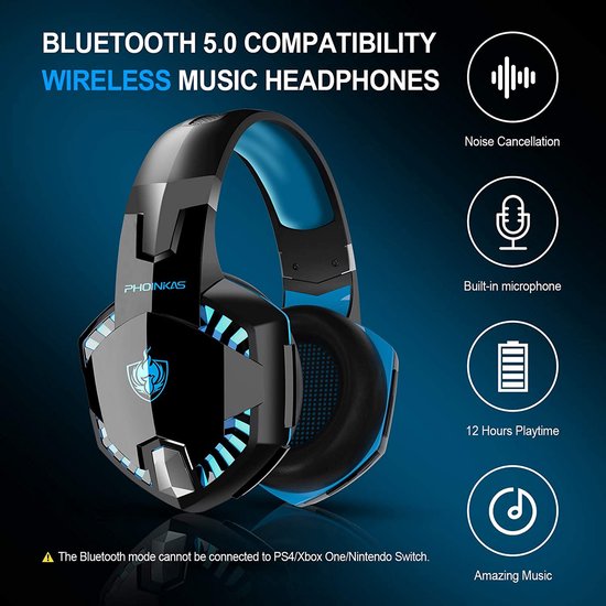 PHOINIKAS G2000 BT Bluetooth Laptop Gaming headset met microfoon Over-ear Koptelefoon - Zwart blauw