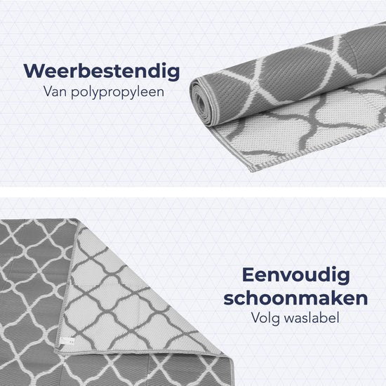 LifeGoods Buitenkleed - 183x290CM - Vloerkleed - Tuintapijt - Buitentapijt - Omkeerbaar - Incl. Draagtas - Met Patroon - Grijs/Wit