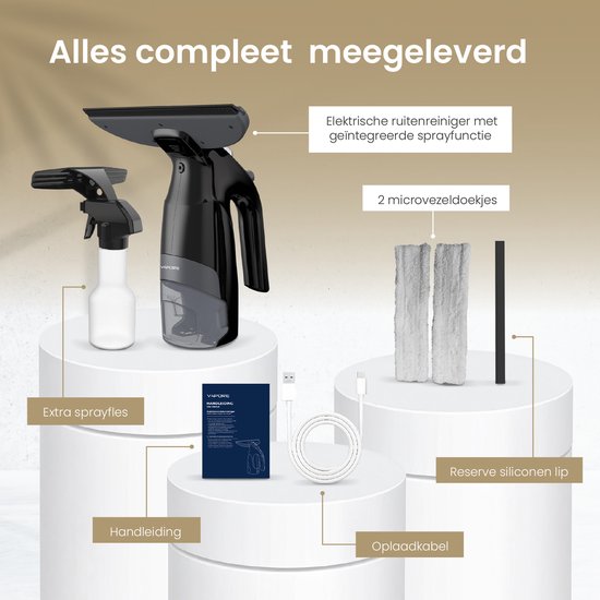Vapore Elektrische Ruitenreiniger - Incl. Inwasser - Raamwisser met Ingebouwde Sproeifunctie - Ramenwasser - Raamtrekker - Raamzuiger - Incl. Microvezeldoek - Zwart