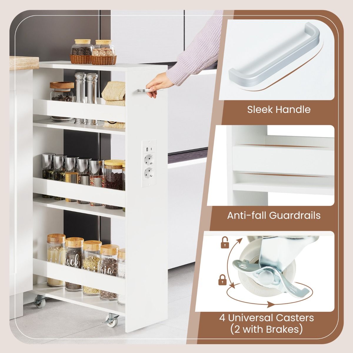 Coast Smalle Opbergkar - 4-laags verrijdbare keukenkar - met oplaadstation - wit 47,5 x 20 x 80,5 cm