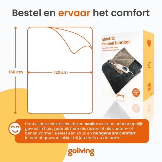 Goliving Elektrische Fleece Plaid - Warmtedeken - Verwarmende Fleecedeken - Elektrische Deken - 3 Warmtestanden - Machinewasbaar - 120 Watt - 2.5 Meter Snoer - Sherpa Flanel - 160 x 120 cm - Donkergrijs