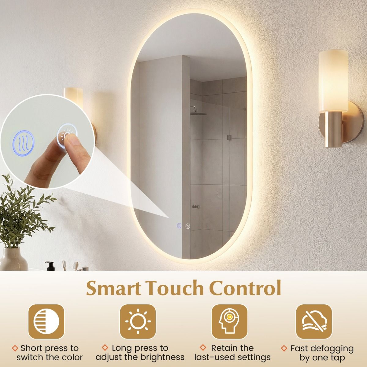 Coast Badkamerspiegel met LED-verlichting - anticondensfunctie - touchbediening - 90 x 55 cm - zilver