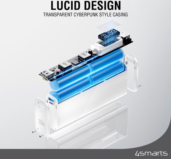 4smarts Lucid Block Powerbank 20.000 mAh - Snellader 100W - met Digitale Display - geschikt voor opladen MacBook/Laptop - Quick Charge en Power Delivery - Wit