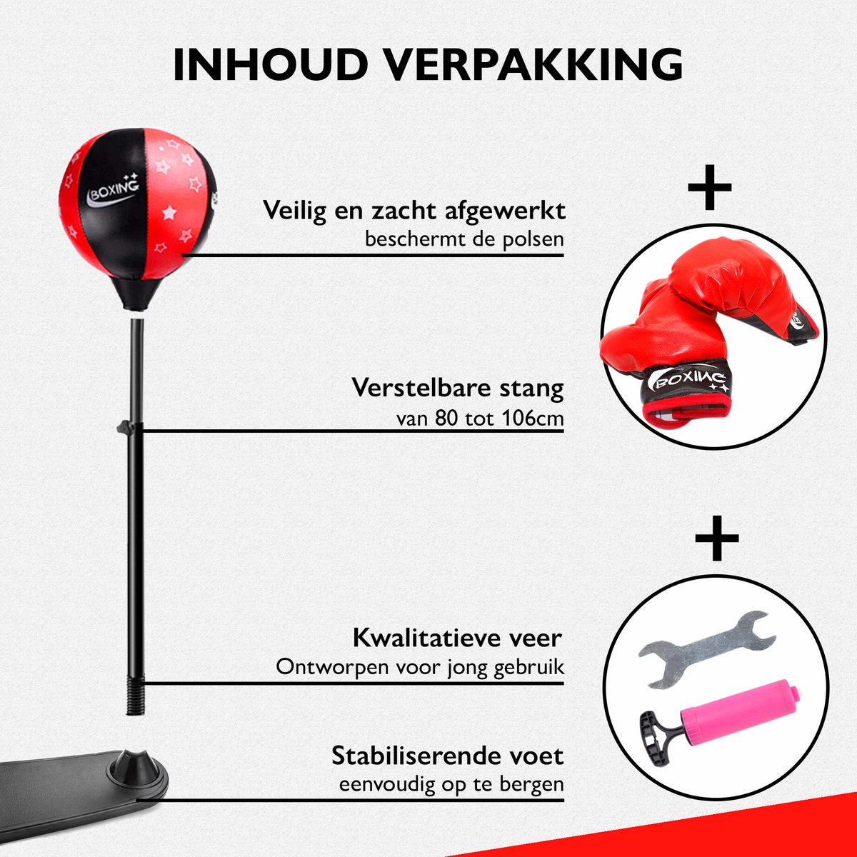 Zoluko Boksbal op Voet voor Kinderen - Incl. Bokshandschoenen en Opblaaspompje - Verstelbaar in Hoogte - Voor Binnen en Buiten - Boksbal op Standaard - Bokstrainer – Bokspaal - Boksset Kinderen - Boksbal Staand - Boxing - Thuis sporten - Zwart/Rood