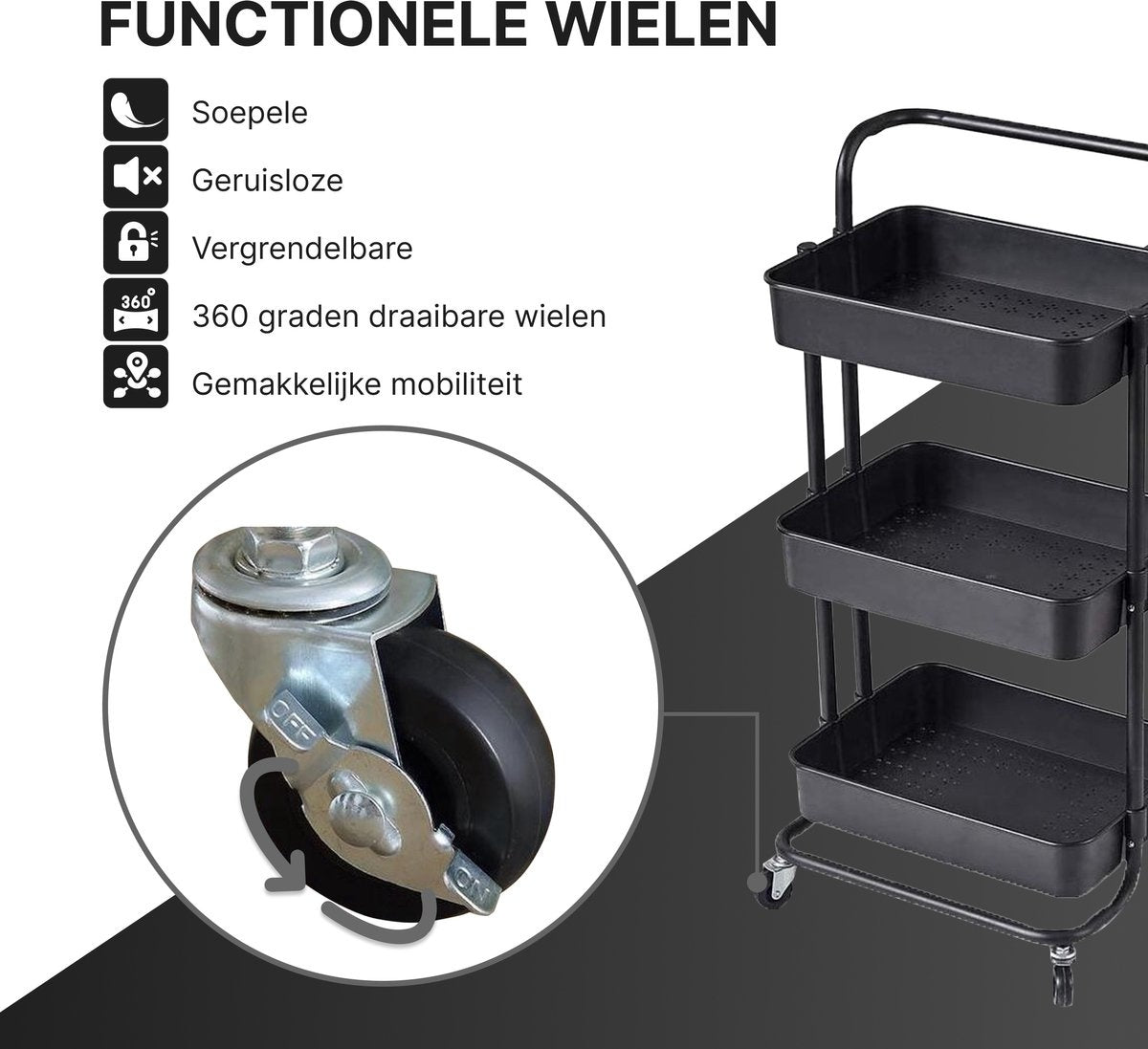 O'DADDY® Keukentrolley met Wieltjes - 3-Laags - 86 x 43 x 36 cm - Zwart