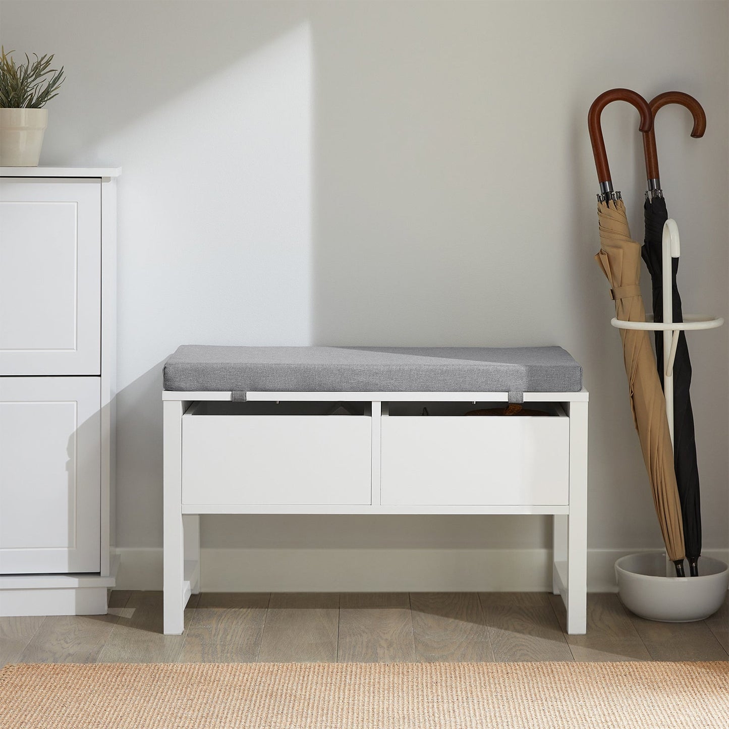 SoBuy Opbergbank met gestoffeerd zitvlak - 2 Lades - Max. 150 kg - 72 x 30 x 46 cm - Wit/ Grijs