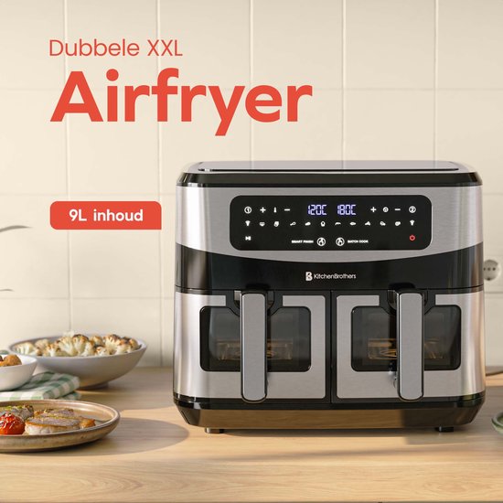 KitchenBrothers Dubbele Airfryer - 2400W - Dual Zone - 9L - Heteluchtfriteuse - Airfryer XXL - 2 x 4.5L - 10 Kookprogramma's - RVS/Zwart
