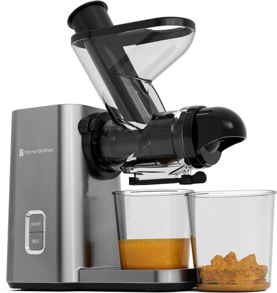 KitchenBrothers Slowjuicer - Mini Juicer - Groenten en Fruitpers - 40 mm en 50 mm invoer - 400 ml - Grijs