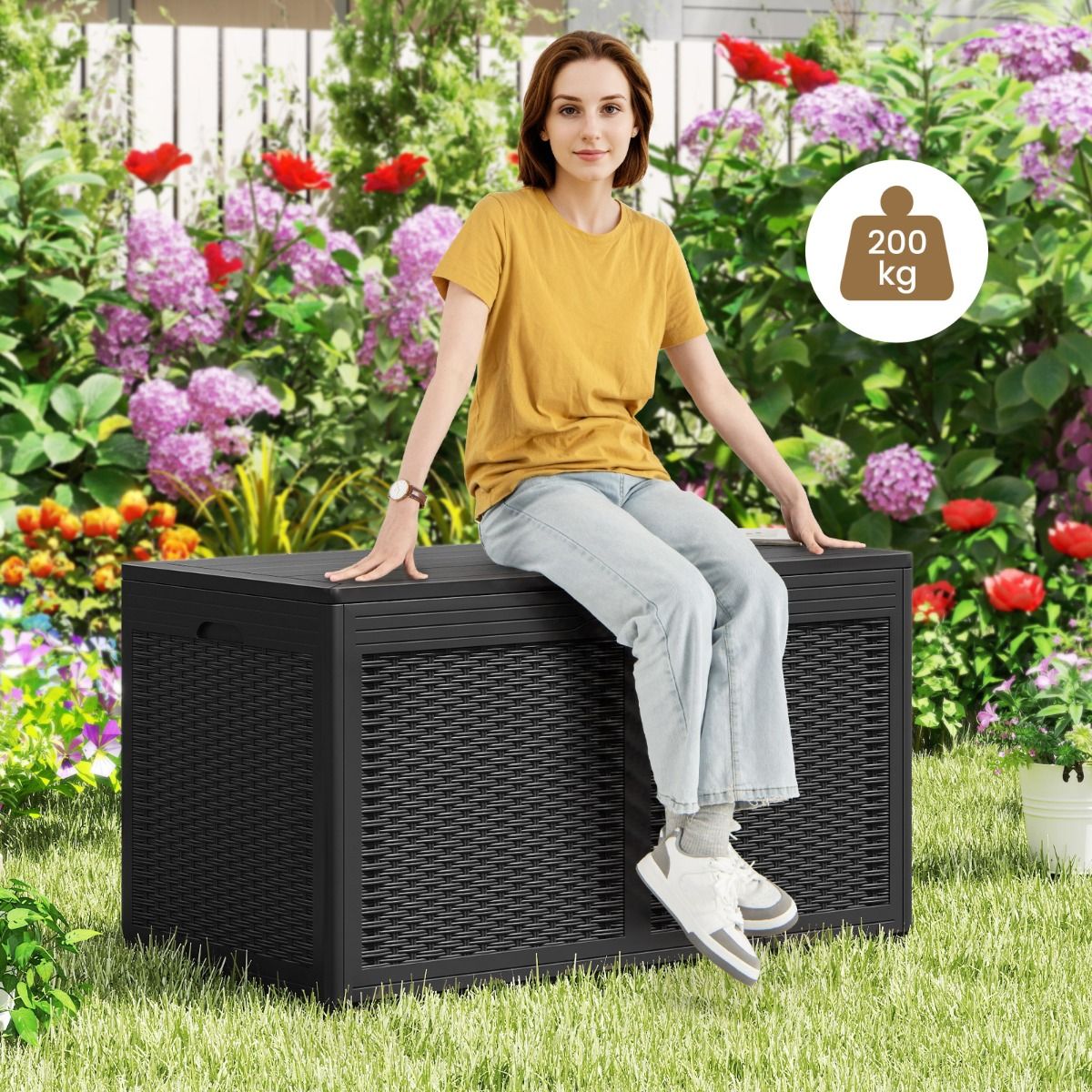 Coast Tuinbox met wielen - waterdichte opbergbox - bankje - zwart - 380 liter