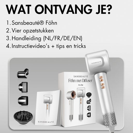 Sansbeauté® Föhn met Diffuser - Krullen - 110.000RPM - Ionische Haardroger met Borstel - 4 Opzetstukken – Reisföhn - Krul Feun Set - Sèche Cheveux - Haarföhn met Defuser - Hair Blow Dryer - 1600W