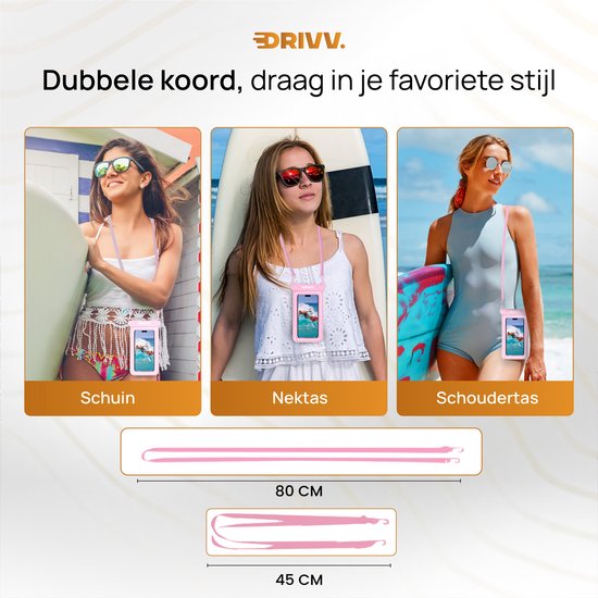 Drivv. Luxe Waterdicht Telefoonhoesje – Drijvend - Dubbele Klipsluiting - Tot 6.8 inch – Onderwater Hoesje telefoon - Roze
