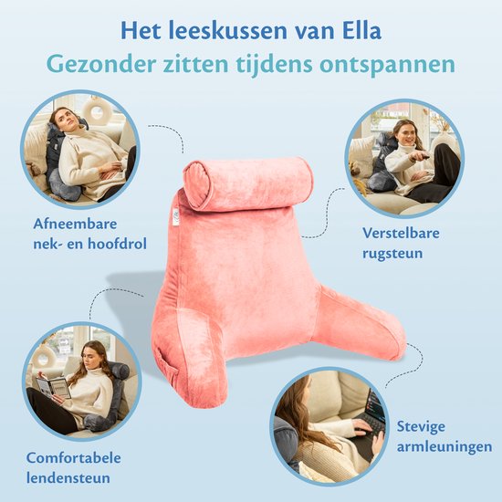 Ella Leeskussen XL - Memory Foam Relax Kussen voor in Bed - Zitkussen met Nekrol & Onderrug Ondersteuning - Bookseat - Fluweel Koraal Roze