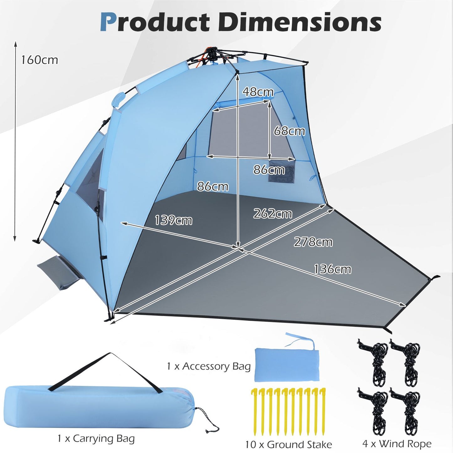 Coast Pop-up Strandtent 3-4 Personen - Grijs/Blauw - 278 x 140 x 142 cm - Incl. Draagtas, Haringen en Zandzakken