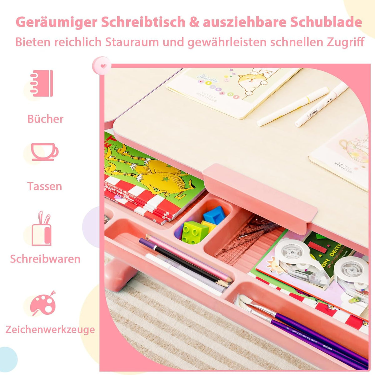Coast Kinderbureau met stoel - Hoogte verstelbaar - Max. 110 kg - 80 x 52 x 73 cm - Roze