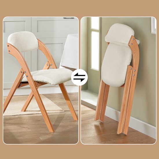 SoBuy Set van 2 Klapstoel, Bureaustoel met Gestoffeerd Zitkussen, Eetkamerstoel, Natuur/Wit, 47.5x77x59 cm, FST92-Wx2 - voor eetkamer, balkon of kantoor
