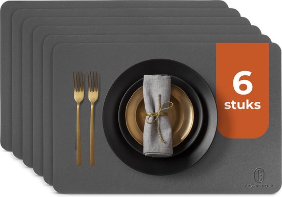 Castagnola Lederlook Placemats - Antislip Placemat van Kunstleer - Waterafstotende Onderlegger - Onderzetter - 6 Stuks - 45 x 30 cm - Grijs
