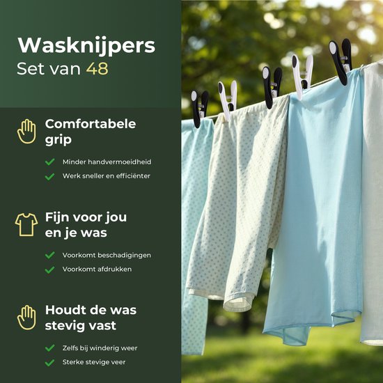 Gandria Wasknijpers 48 Stuks - Kunststof Wasknijpers - Set van 48 Plastic Knijpers - Wasrek Knijpers 10 Kg - Zwart/Wit en Wit/Zwart