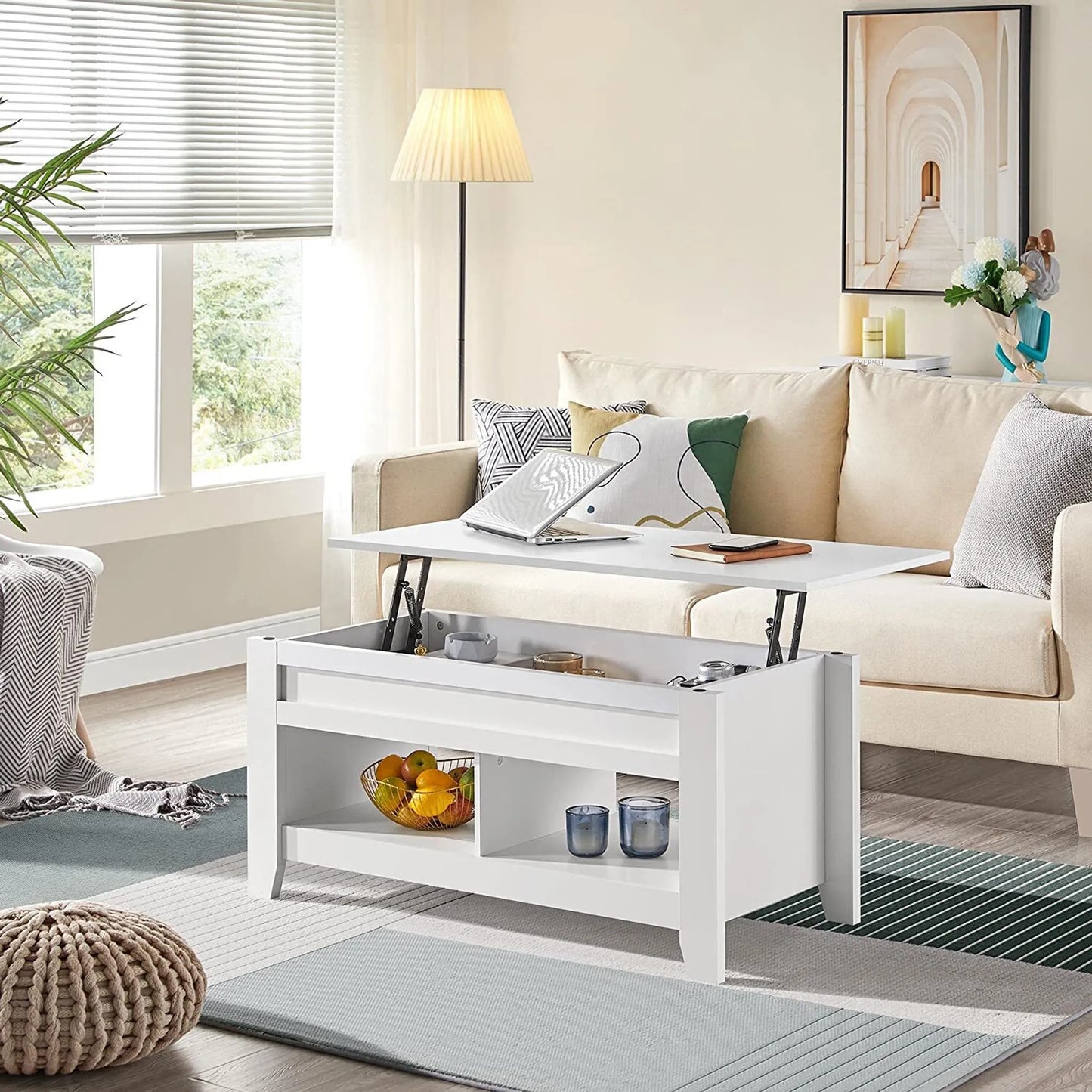 Yaheetech Salontafel Met Lift-Top Functie – Voorzien Van Verborgen Opbergruimte En Twee Open Planken En Veermechanisme – Voor Woonkamer En Kleine Ruimtes – Wit Mdf En Metaal – 104,5 x 49,5 x 49-61,5 cm