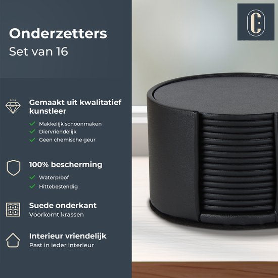 Castagnola Kunstlederen Onderzetters – Onderzetters voor Glazen – Design Onderzetters met Houder – Leren Onderzettersset – Leder – Set van 16 - Zwart