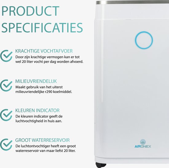 Aironex – Luchtontvochtiger En Luchtreiniger – 20 l Capaciteit & Met Wasdroogfunctie – Extreem Stil Met Led-Display – Voor Woonkamer En Slaapkamer – Wit Kunststof