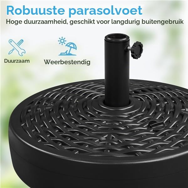 Yaheetech parasolvoet in rotanlook, vulbaar met water of zand – geschikt voor parasolstokken van Ø 38/48 mm – Ø 50 x 30 cm – zwart