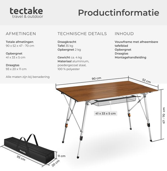 tectake® Campingtafel - 90 x 52 x 47 - 70 cm - Klaptafel van Aluminium - Oprolbaar Tafelblad - Vouwtafel - Reistafel - Tuintafel - Weerbestendig - In hoogte verstelbaar - Draagtas - Inklapbaar - Houtlook