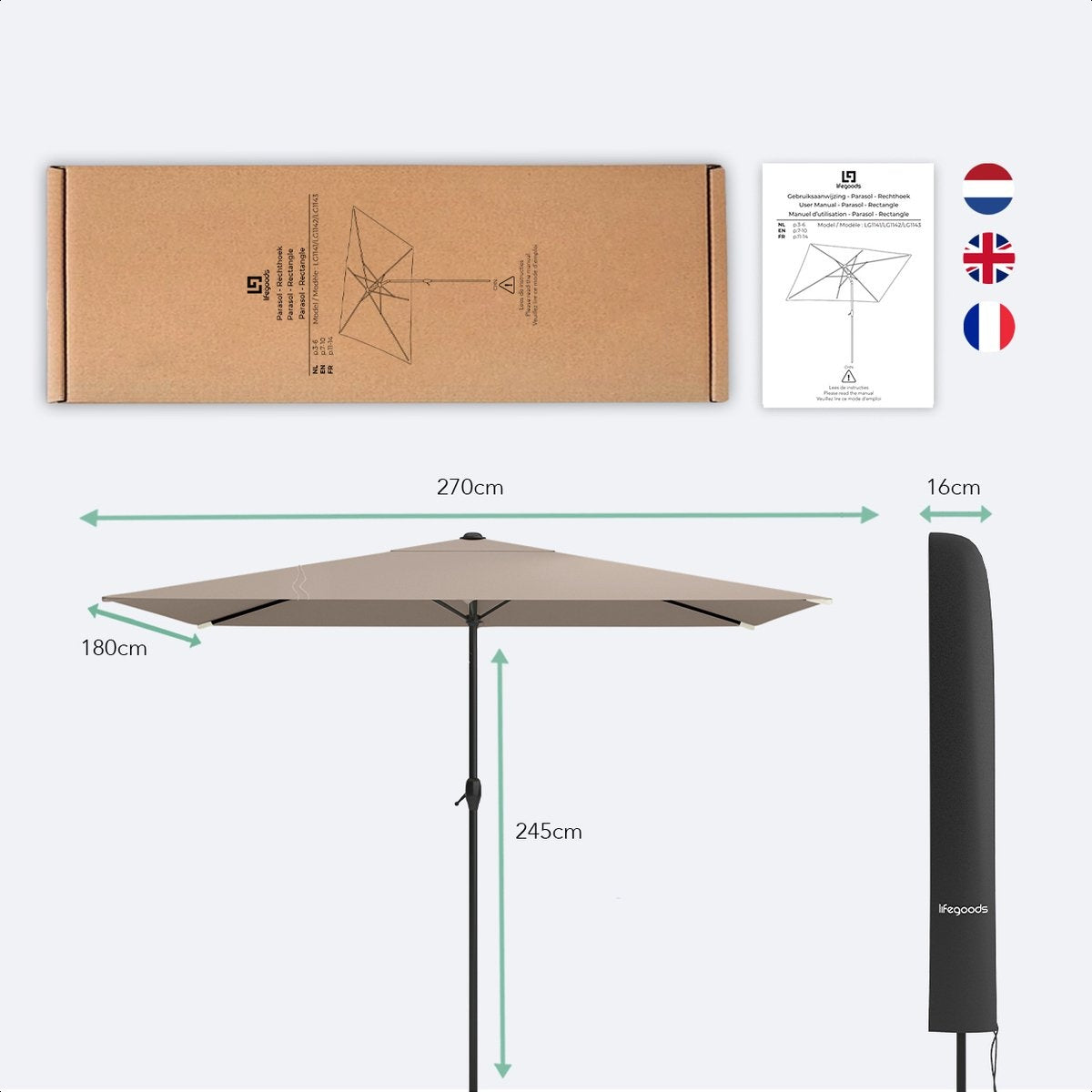 LifeGoods Parasol - 270x180cm - 30° Kantelbaar - Waterdicht - met Hoes - Taupe