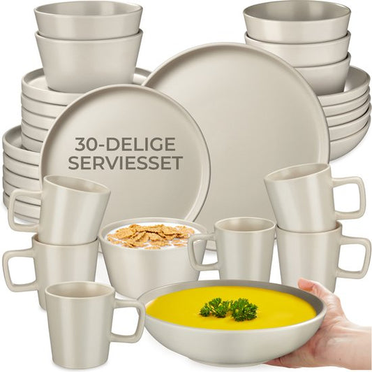 tectake® Serviesset Una - 30-delig - Aardewerk - 6 Persoons - Stijlvol en Duurzaam Servies - Bordenset met Grote en Kleine Borden, Kommen, Schaaltjes