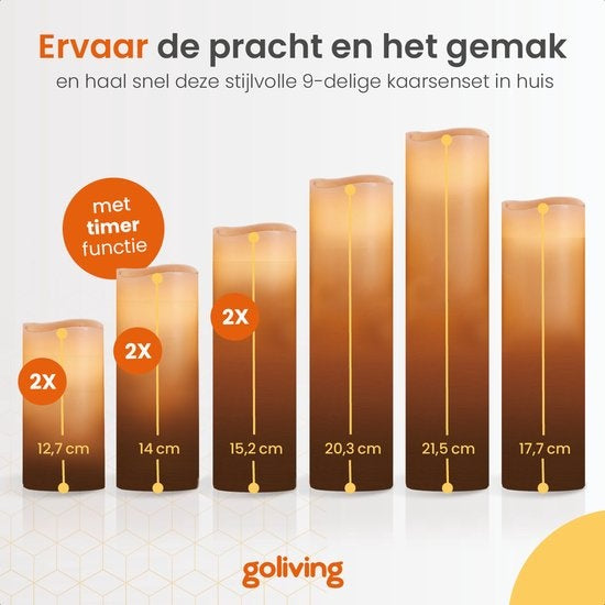 Goliving Led Kaarsen Met Afstandsbediening - Bewegende Vlam - Echte Wax - 2x Afstandsbediening - Set van 9