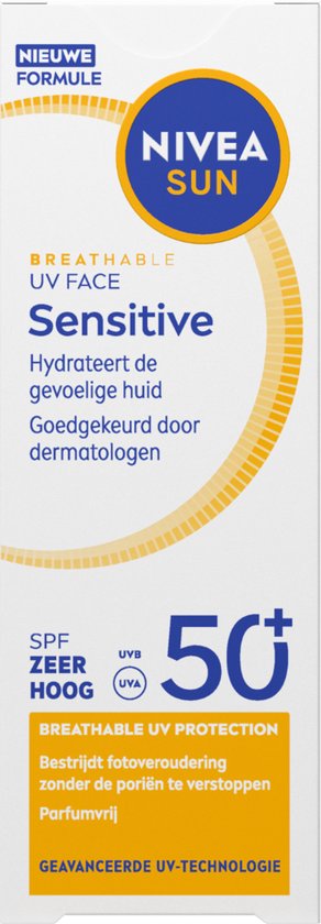 NIVEA SUN UV Face Senstive SPF50+ Zonnebrand Gezicht - Voor de Gevoelige Huid - Ademende, Niet Vette Formule - Parfumvrij - 40ml