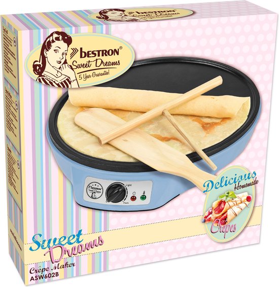 Bestron Pannenkoekenmaker - ASW602B - 1000W - Crêpemaker - 30cm - Blauw - Incl houten stapel en verdeler - 5 jaar garantie
