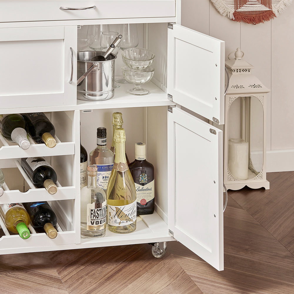 SoBuy Keukenwagen met 1 lade, 3 deuren & 3 wijn opbergplanken - Max. 30KG - 67 x 87 x 37 cm - Wit