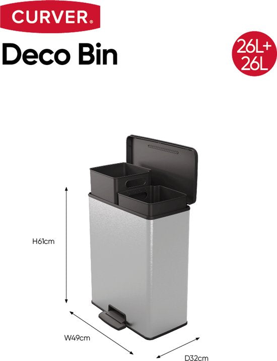 Curver Decobin Duo Prullenbak - 26L+26L - Rechthoekig - Zilver Metallic