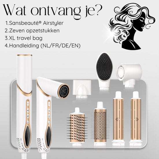 Sansbeauté® 7-in-1 Airstyler - Multistyler - Fohnborstel Kort Haar - Haarstyler - Haardroger - Föhnborstel - Warmteborstel - Krulborstel - Krultang - Stijlborstel - Coldshot - Roterende Kabel