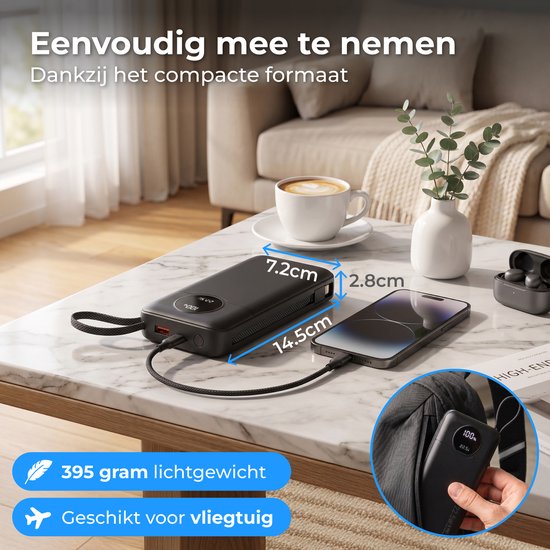 Nuvance Powerbank 20000 mAh - 22.5W Snellader Usb-C & 8-Pin - Noodpakket - 2 Poorten - 2 Geïntegreerde Kabels - Power Bank
