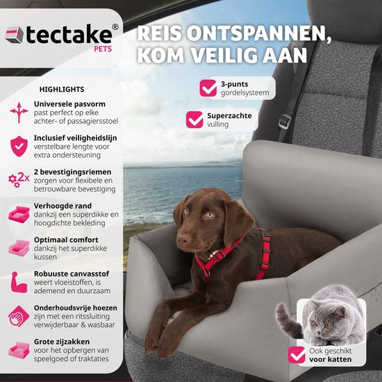 tectake® Hondenautostoel – Gestoffeerd met Veiligheidslijn & Zijvakken – 55 x 50 x 29 cm – Grijs