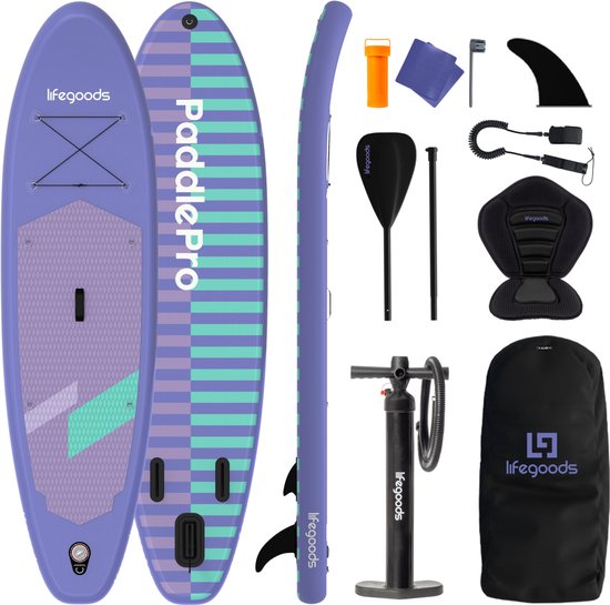 LifeGoods SUP Board Allround Compact - met Zitje - 100 KG Draagkracht - 300 x 76 cm - Opblaasbaar - Compleet SUP pakket - Paars