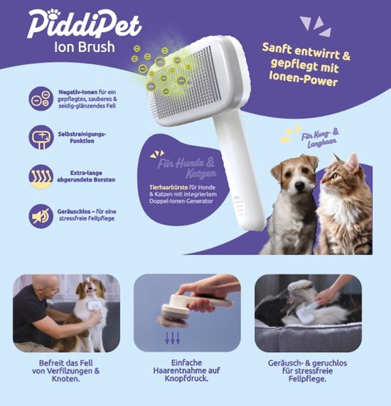 PiddiPet IonBrush Ionische Dierenhaarborstel – Zelfreinigend & Batterij-Powered – Vachtverzorging voor Honden & Katten – Minder Statische Lading, Glanzende Vacht – 2-pack
