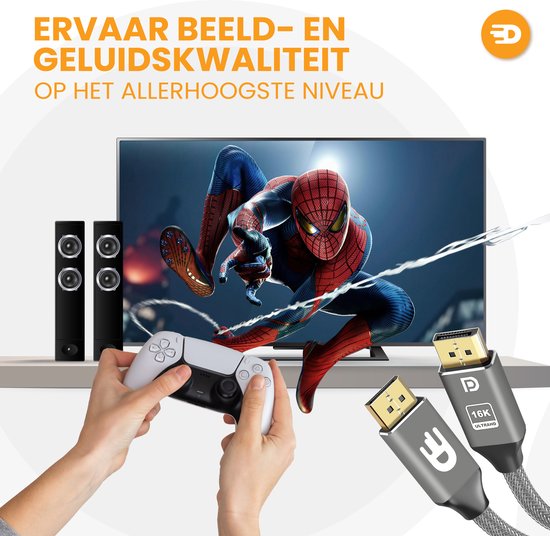 Drivv. DisplayPort Kabel 2.1 - 16K 60Hz - 8K 120Hz - 4K 144Hz - 80Gbps - DisplayPort naar DisplayPort - DP Kabel - 2 meter - Grijs