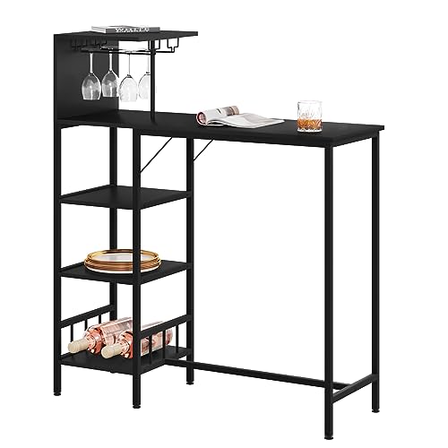 Woltu Bartafel met 4 Planken en 2 Bekerhouders - Zwart - 125,5 cm Hoogte, 108,5 x 40 cm Tafelblad